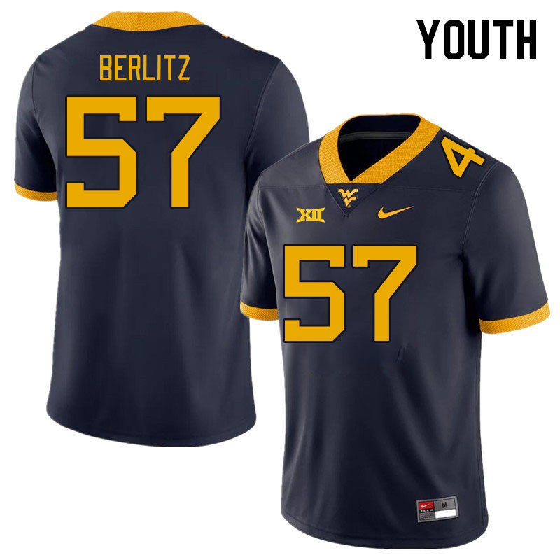 Youth #57 Derek Berlitz West Virginia Mountaineers College Football Jerseys Stitched Sale-Navy - Click Image to Close